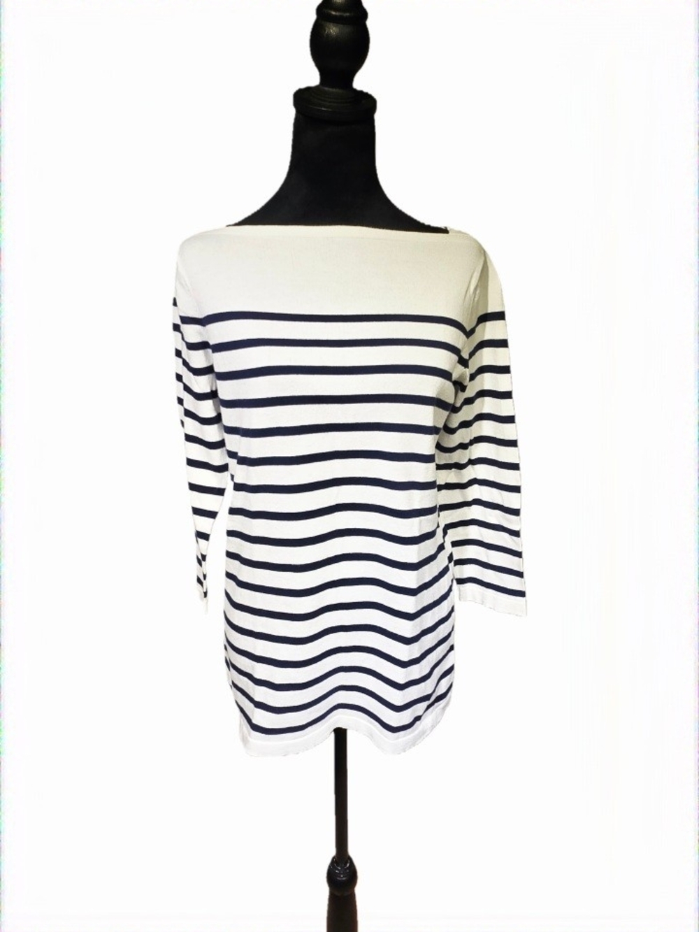 Tommy Bahama 100% White Top with Navy Stripes - Boatneck 3/4 Sleeve - Picture 6 of 9